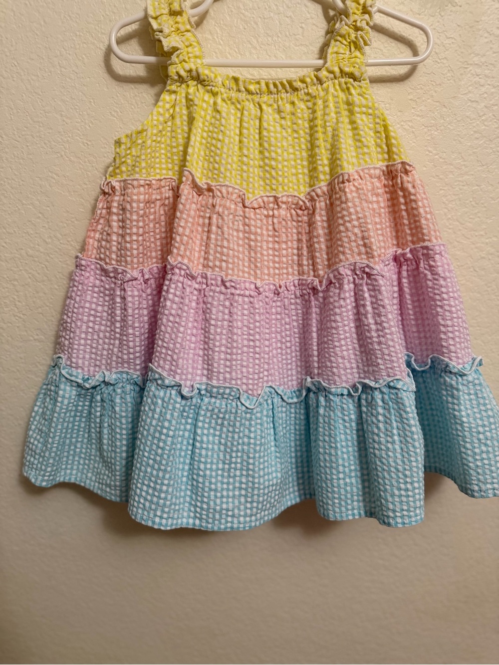 Bonnie Jean Pastel Rainbow Tiered Seersucker Dress - Yellow, Peach, Pink, Blue